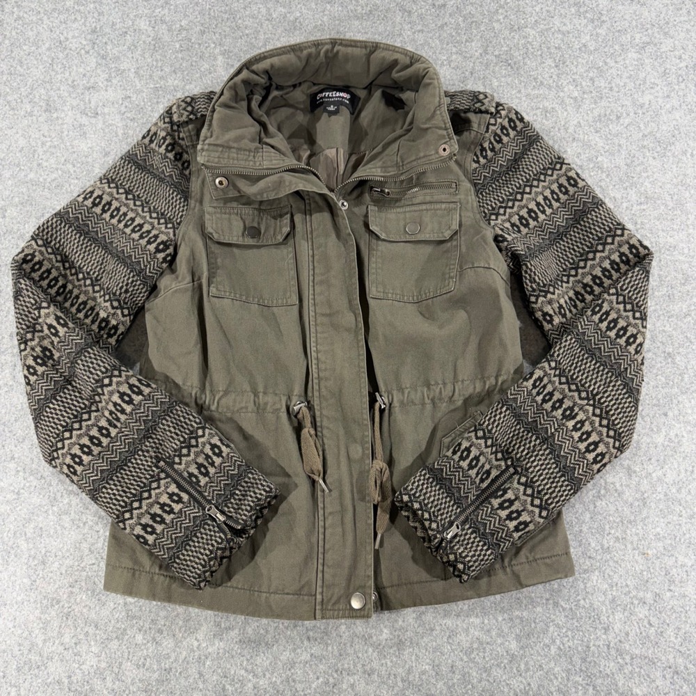 Coffeeshop Women Olive Green Utility Jacket Patterned Knit Sleeves Size Small